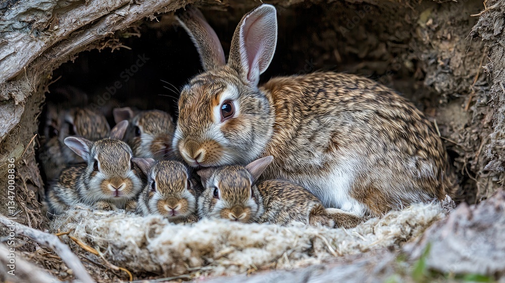 Fototapeta premium A caring mother rabbit nursing her newborn babies in a cozy burrow, surrounded by soft bedding. 
