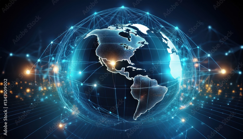 Obraz premium A vibrant illustration shows a digital globe connected by finance and banking data streams.