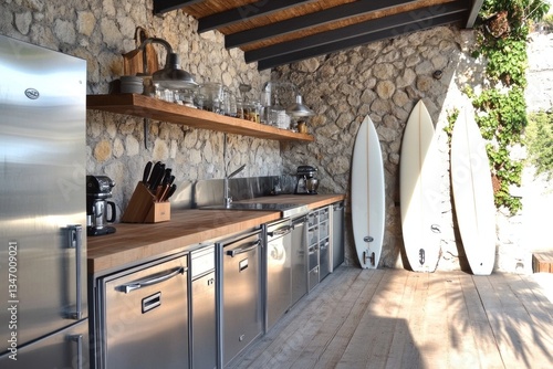 Rustic outdoor kitchen with surfboards, stone wall, and wooden shelving