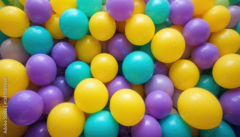 Playful Balloon Display: Bright Yellow, Turquoise, and Purple Balloons Create Energetic Atmosphere for Celebrations Playful Balloon Display: Bright Yellow, Turquoise, and Purple Balloons Create Energetic Atmosphere for Celebrations