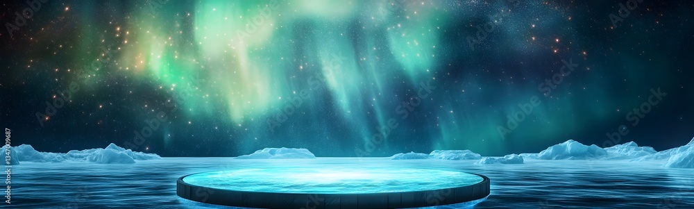 A podium on a floating ice platform, illuminated by the shimmering aurora.