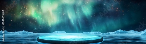 Obraz na płótnie A podium on a floating ice platform, illuminated by the shimmering aurora. w salonie