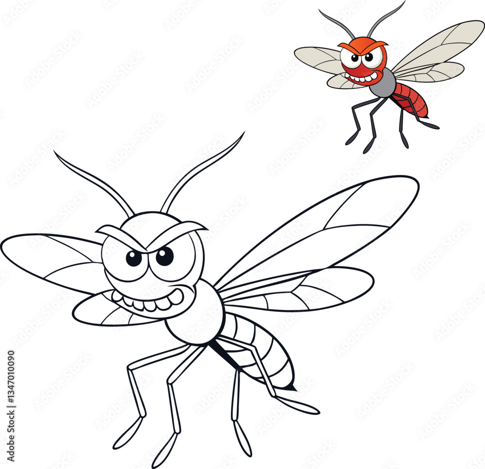 Fototapeta premium A cartoon of an angry mosquito with exaggerated features, like big eyes, flapping wings, and a furious expression. It's buzzing around, ready to sting in a comical way.
