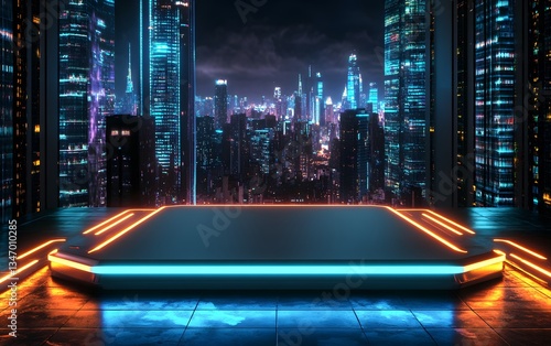 A futuristic podium with glowing neon edges, set in a high-tech cityscape at night, surrounded by holographic elements.
