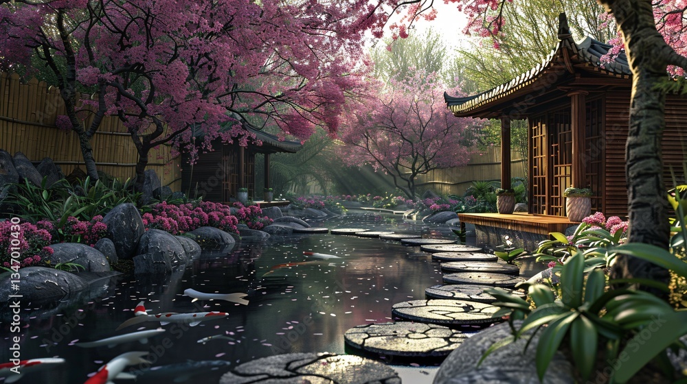 Obraz premium Serene Japanese Garden Background with Cherry Blossoms and Koi Pond
