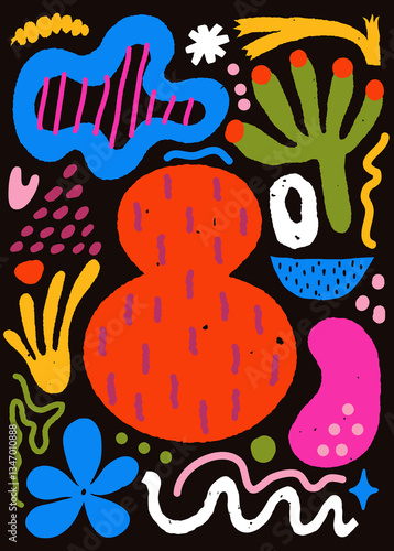 Abstract organic shape poster with naive geometric doodles.