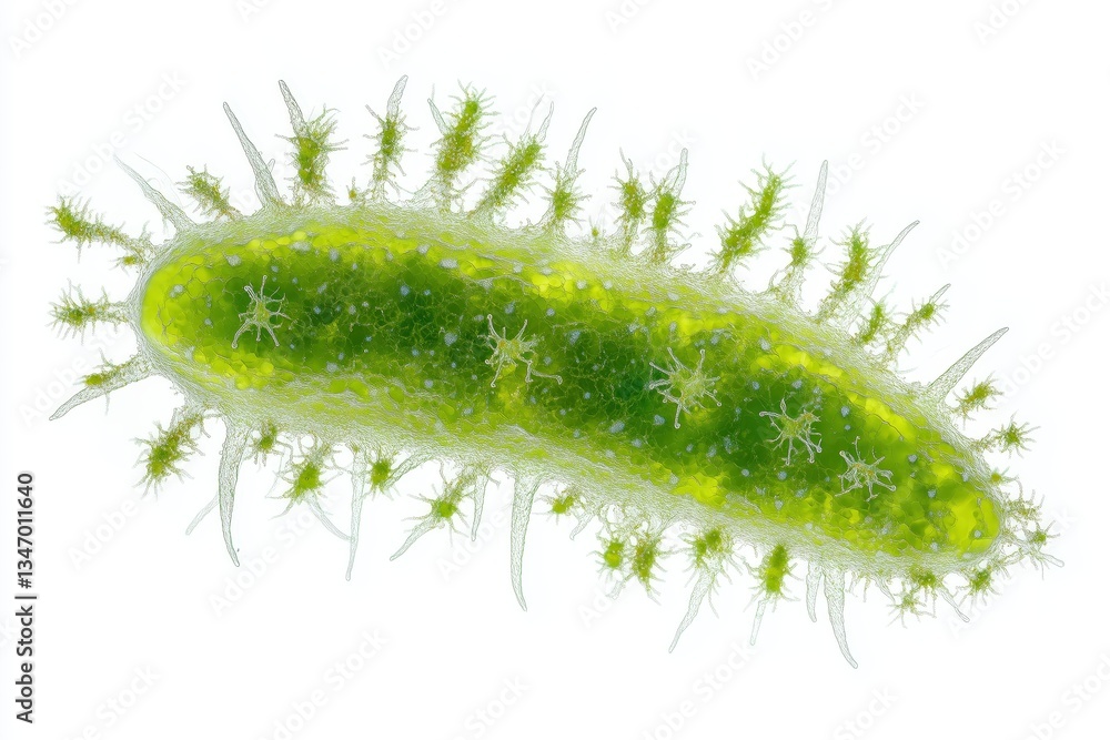 Fototapeta premium Close-up of a green, single-celled organism with spike-like structures and internal bodies, set against a clean white background.
