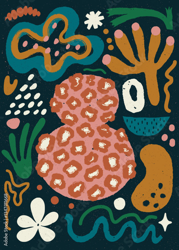 Abstract organic shape poster with naive geometric doodles in natural colors.