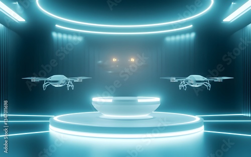 A sci-fi podium with sleek metallic surfaces, surrounded by hovering drones and digital light projections.