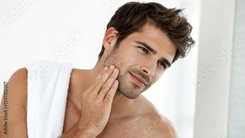 A Thoughtful Young Man Grooming Himself in a Bright Bathroom with Natural Light