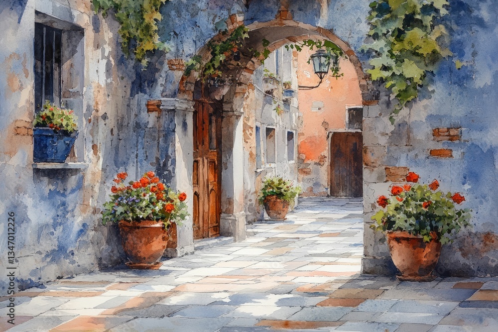 Naklejka premium Sun-drenched courtyard, terracotta pots, arched passageway.