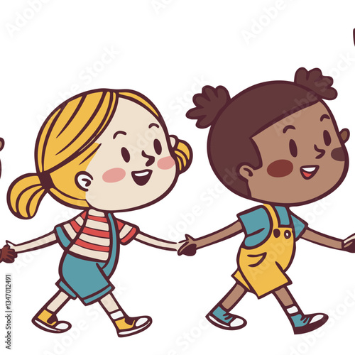 Cheerful Cartoon Illustration of Six Happy Children Holding Hands and Playing Together in a Colorful Outdoor Scene