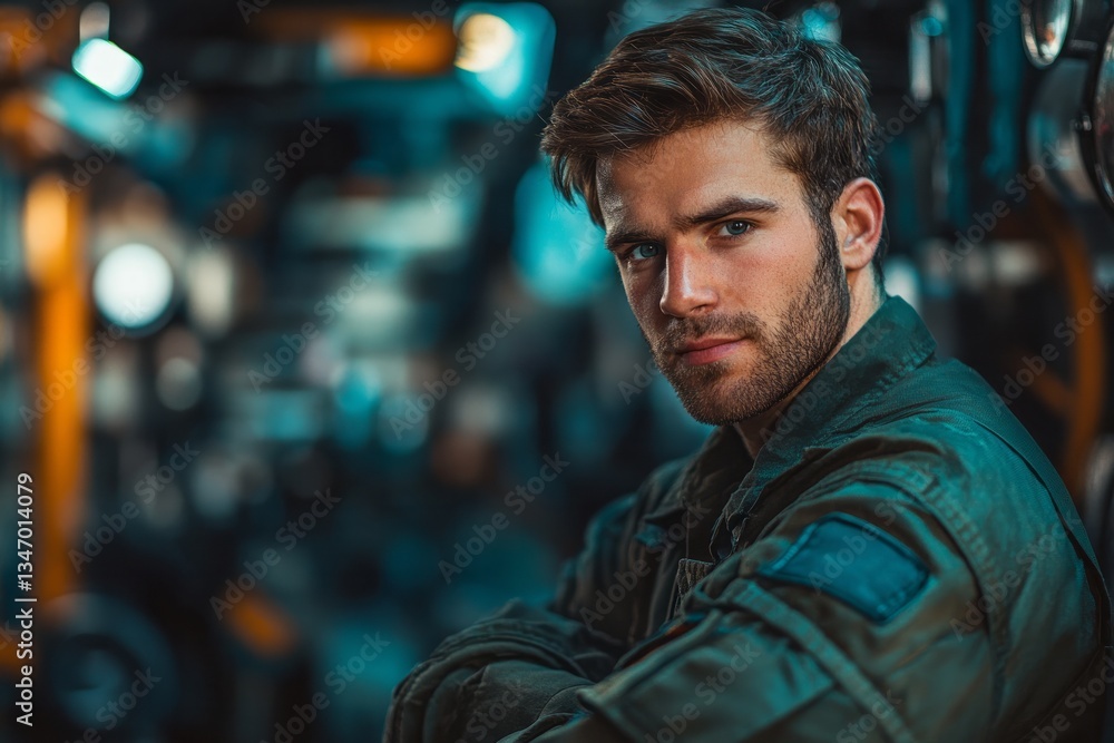 Handsome man in dark green work suit poses confidently Handsome man in dark green work suit poses confidently