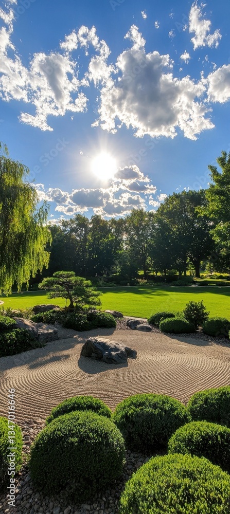 Obraz premium A tranquil garden scene featuring manicured shrubs, rocks, and a beautiful sky with fluffy clouds and the sun shining brightly.