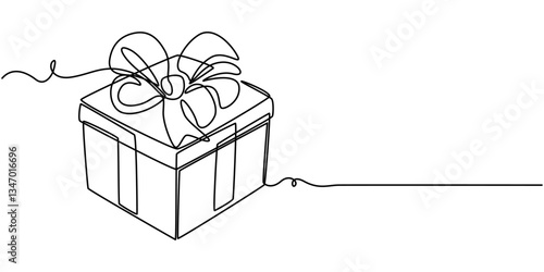 Gift box one line drawing. Continuous one line gift box.Presents with ribbon bow.Hand drawn greeting present box.Line art surprise, Continuous one line drawing of Present or gift box design. Present. 