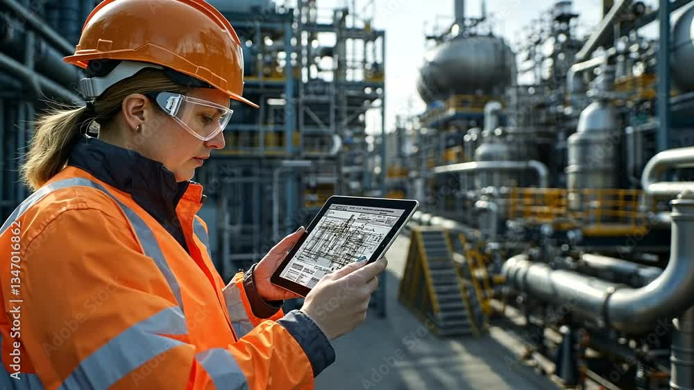 Engineer in safety gear using a tablet to monitor operations in an industrial facility Engineer in safety gear using a tablet to monitor operations in an industrial facility