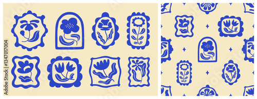 Blue floral seamless pattern illustration set. Vintage style flower frame background design collection. Geometric natural wallpaper print, spring season nature backdrop texture with flowers.	