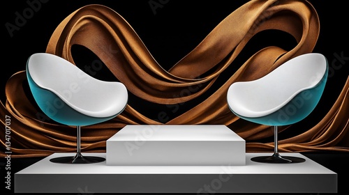 Abstract presentation stage with two modern chairs and flowing fabric backdrop.