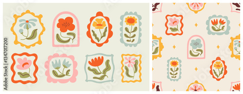 Colorful floral seamless pattern illustration set. Vintage style flower frame background design collection. Geometric natural wallpaper print, spring season nature backdrop texture with flowers.	