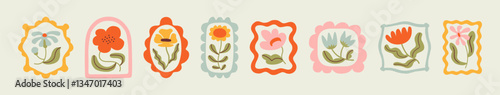 Colorful floral frame illustration set. Vintage style flower design collection. Geometric natural bouquet decoration, spring season nature flowers.	