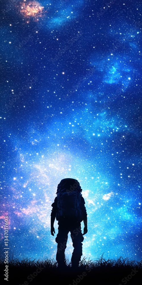 Fototapeta premium A silhouette of a person with a backpack gazes at a vibrant starry sky filled with galaxies and cosmic colors.