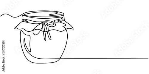 Glass canning jar in continuous line art drawing style. Food preserve. Minimalist black linear sketch on white background. Vector illustration. 