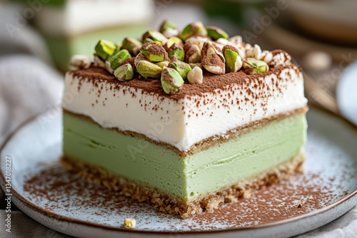 A piece of tiramisu, layered with green cake and white cream on top, sprinkled with pistachios and chocolate. AI generative.