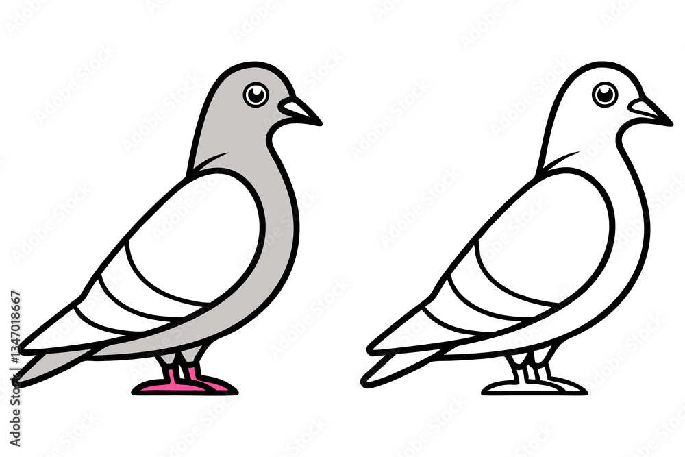 Obraz premium Cartoon Pigeon Half Colored, Half Line Art Dove Drawing, Isolated on White Background, Easy to Edit