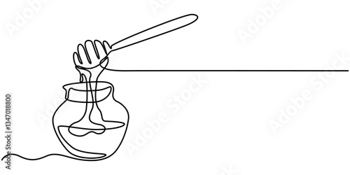 Glass canning jar in continuous line art drawing style. Food preserve. Minimalist black linear sketch on white background. Vector illustration. 