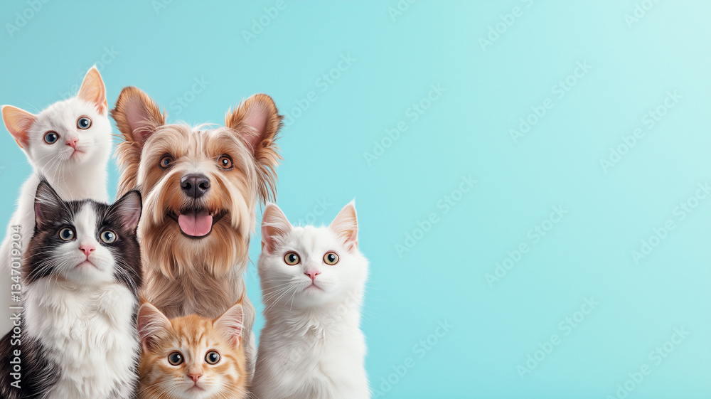 cheerful group photo featuring various cats and dog against light blue background, showcasing their playful expressions and unique fur patterns cheerful group photo featuring various cats and dog against light blue background, showcasing their playful expressions and unique fur patterns