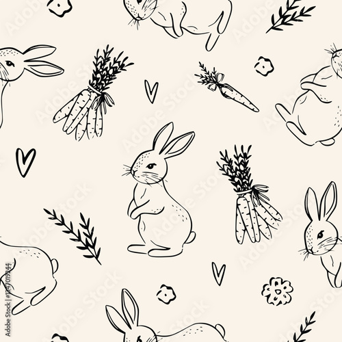 Vintage Easter coquette bunny pattern. Traditional monochrome graphic. Nostalgic cottage holiday background