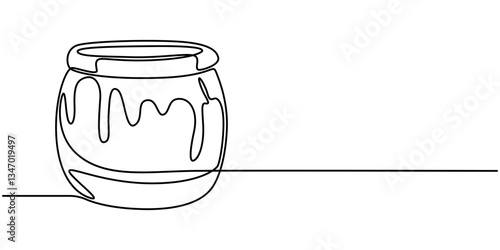 Glass canning jar in continuous line art drawing style. Food preserve. Minimalist black linear sketch on white background. Vector illustration. 