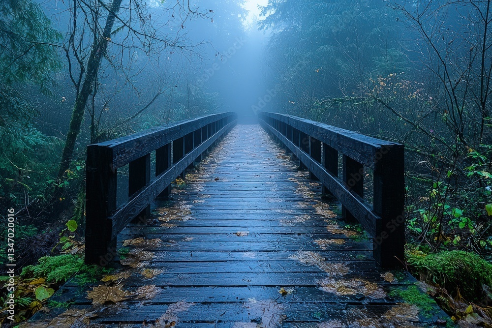 Fototapeta premium Misty forest path wooden bridge autumn leaves