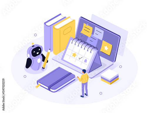 Character use artificial intelligence generative tools for time management, schedule. Scheduling, task performance, calendar organizing concept. Flat isometric vector illustration.