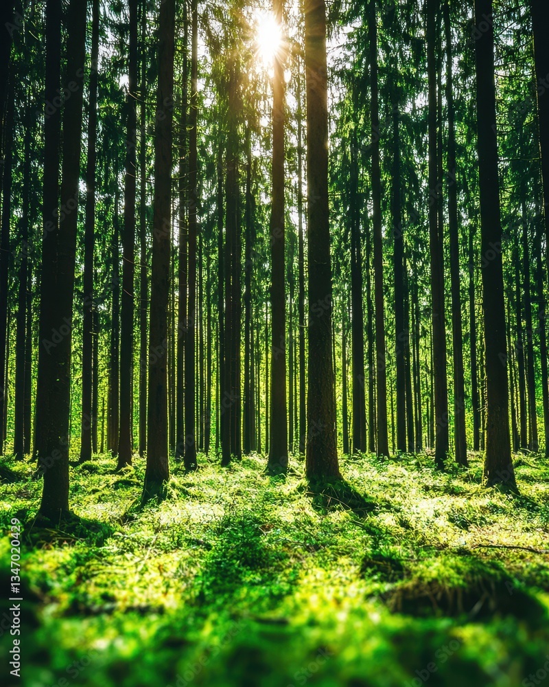 Obraz premium A serene forest scene with tall trees, sunlight filtering through the canopy, and lush green undergrowth.