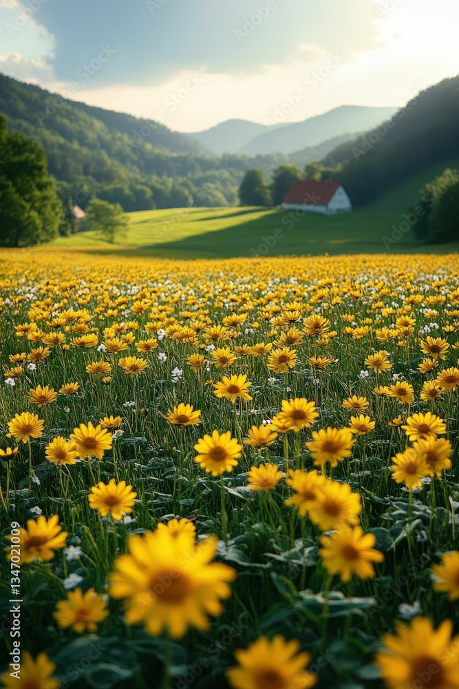 Sunny yellow wildflowers bloom in a tranquil valley. Sunny yellow wildflowers bloom in a tranquil valley.