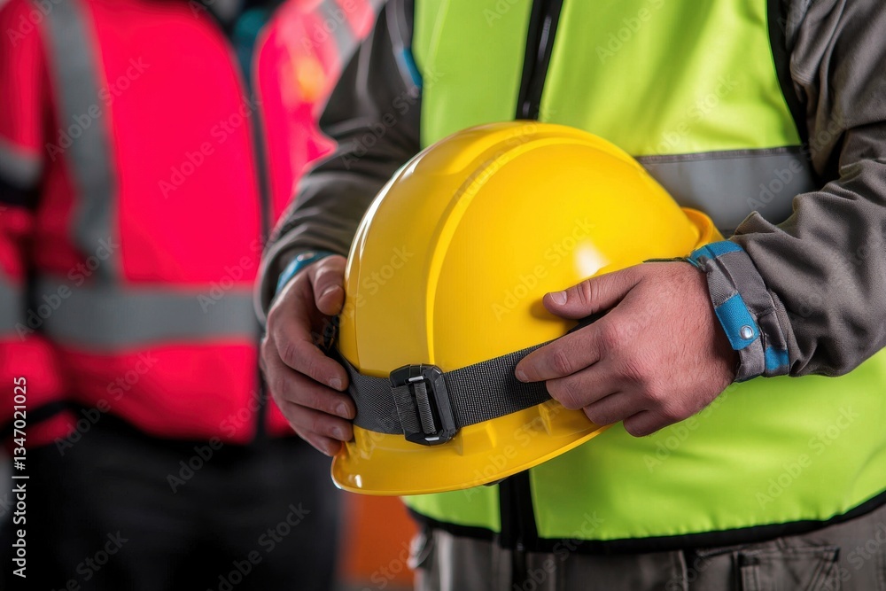 Worker in Safety Vest Holding Hard Hat for Construction Purpose Worker in Safety Vest Holding Hard Hat for Construction Purpose