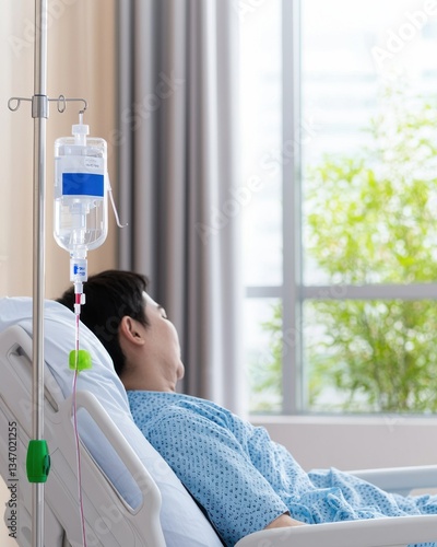 Patient Receiving IV Treatment in Bright Hospital Room