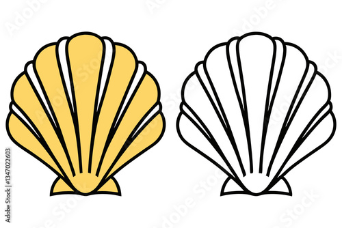Simple Seashell Outline Golden Shell with Black Contour and Empty Line Art Version