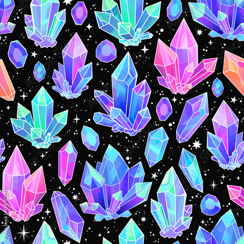 Bright and beautiful geometric crystals on a black background. Seamless pattern