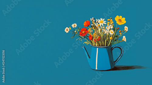 Wildflowers in metal jug – nostalgic floral arrangement on pastel background