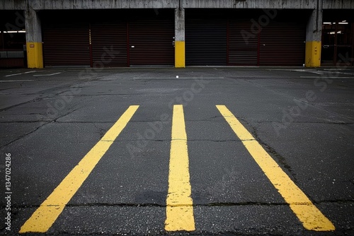 Wallpaper Mural A close-up shot of a concrete parking area featuring bold yellow lines against a dark asphalt surface and garage doors in the background. Torontodigital.ca