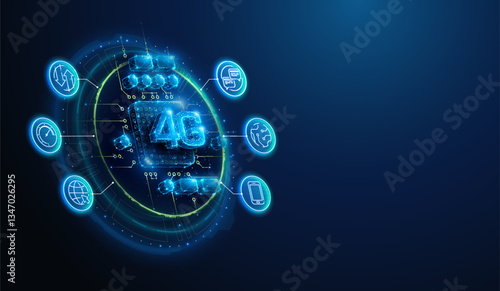 Lowpoly 4G Communication Hardware With Lineart Icons. Abstract geometric illustration on fourth generation wireless mobile network connection technology concept by wireframe mesh on blue background