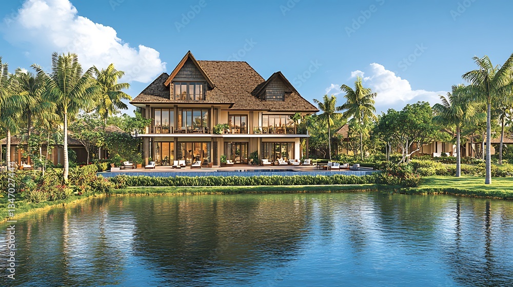 A luxurious house by the lake with lush surrounding landscape A luxurious house by the lake with lush surrounding landscape