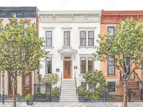 Watercolor Townhouse, Urban Street Scene