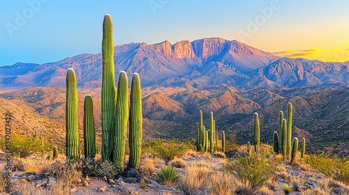 Desert mountain sunrise with cacti