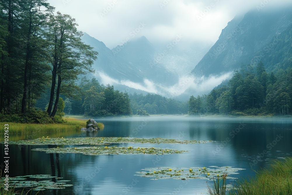 Naklejka premium Misty mountain lake, serene water lilies, tranquil landscape.