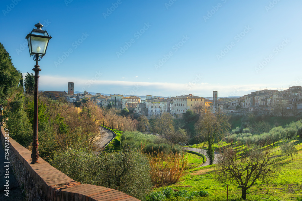 Obraz premium Colle Val d'Elsa town skyline and a street lamp. Siena, Tuscany, Italy