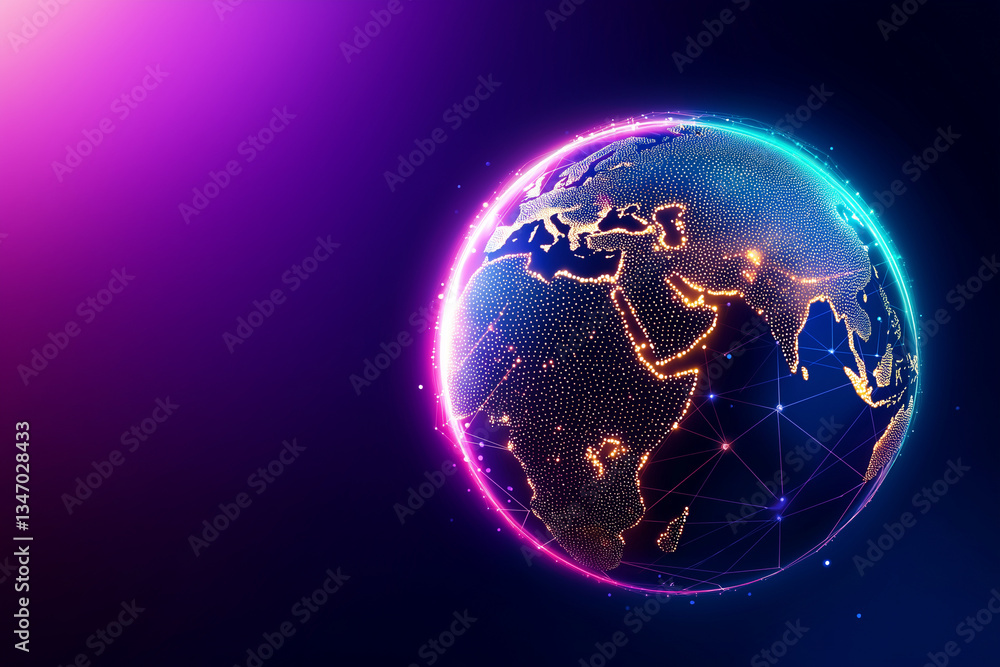 Fototapeta premium vibrant digital globe showcasing network of glowing connections across continents, emphasizing beauty of Earth with futuristic touch. colors blend seamlessly, creating engaging visual experience