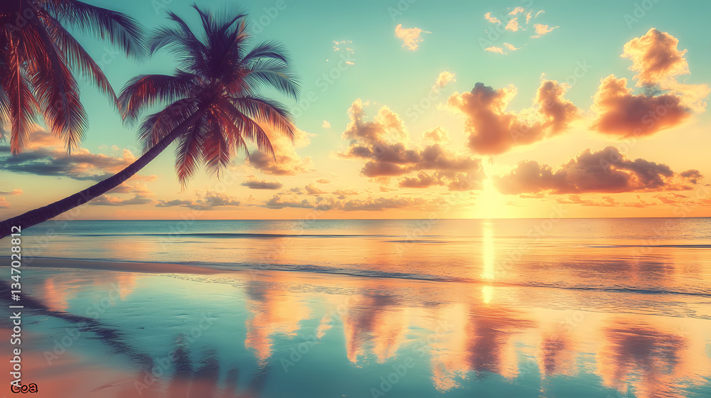 Fototapeta premium Tropical Beach Sunset: The scene depicts a serene beach landscape at sunset, capturing the vibrant colors of the sky mirroring in the water, palm trees adding a tropical element.